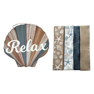 Relax Seashell Sign & Ribbon Bundle, DIY Beach Wreath Supply Kit, Ocean Decor